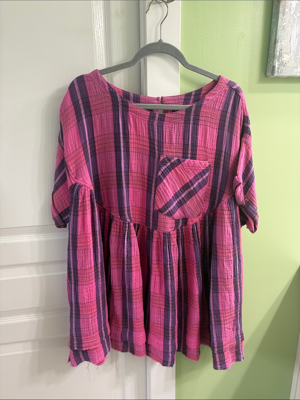 Free People Pink and Purple Plaid Babydoll Tunic